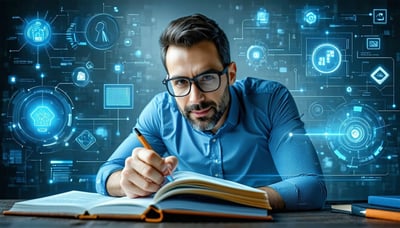 Ilustración de un microempresario descubriendo soluciones tecnológicas con RetoPyme.